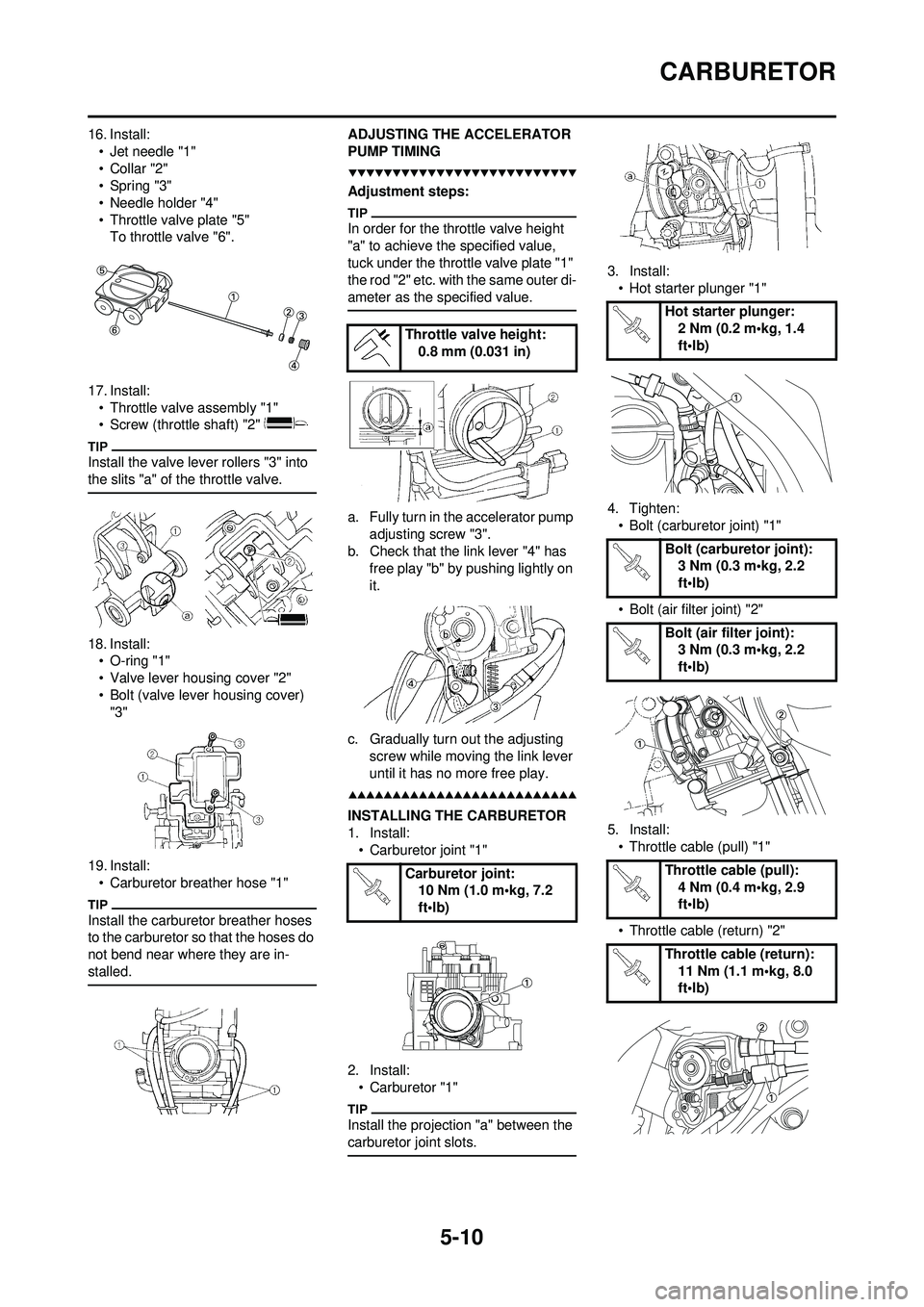 YAMAHA WR 250F 2009  Owners Manual 5-10
CARBURETOR
16. Install:• Jet needle "1"
•Collar "2"
• Spring "3"
• Needle holder "4"
• Throttle valve plate "5"To throttle valve "6".
17. Install: • Throttle valve assembly "1"
• Sc