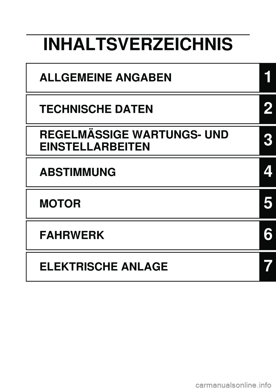 YAMAHA WR 250F 2009  Betriebsanleitungen (in German) INHALTSVERZEICHNIS
ALLGEMEINE ANGABEN1
TECHNISCHE DATEN2
REGELMÄSSIGE WARTUNGS- UND 
EINSTELLARBEITEN
3
ABSTIMMUNG4
MOTOR5
FAHRWERK6
ELEKTRISCHE ANLAGE7 