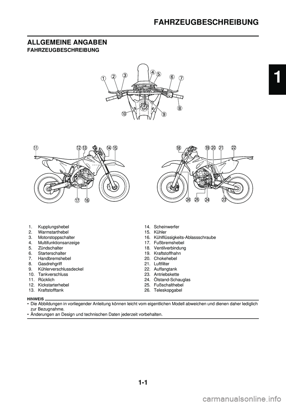 YAMAHA WR 250F 2009  Betriebsanleitungen (in German) 1-1
FAHRZEUGBESCHREIBUNG
ALLGEMEINE ANGABEN
FAHRZEUGBESCHREIBUNG
• Die Abbildungen in vorliegender Anleitung können leicht vom eigentlichen Modell abweichen und dienen daher lediglich zur Bezugnahm