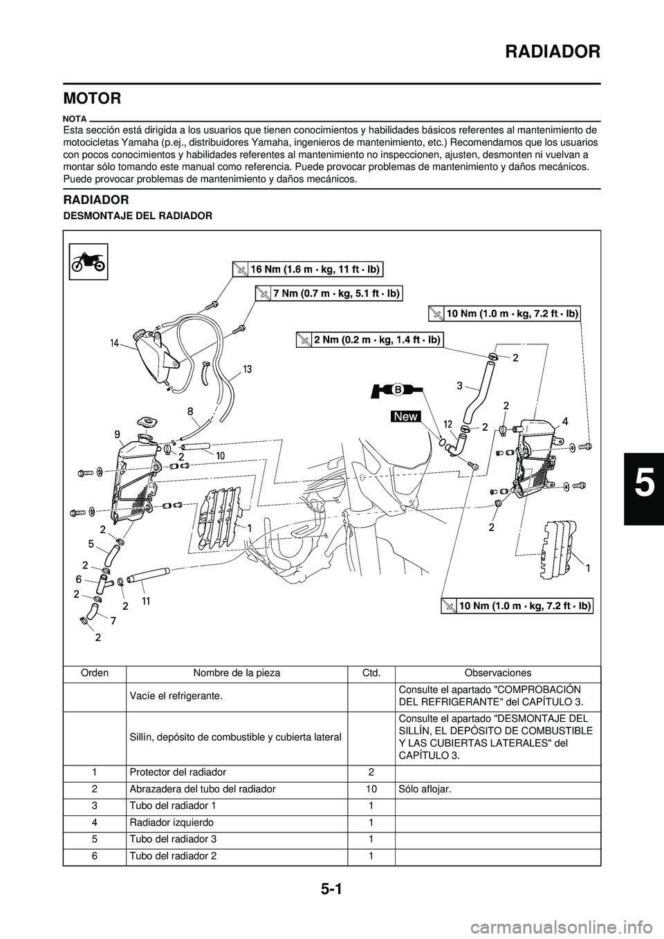 YAMAHA WR 250F 2009  Manuale de Empleo (in Spanish) 5-1
RADIADOR
MOTOR
Esta sección está dirigida a los usuarios que tienen conocimientos y habilidades básicos referentes al mantenimiento de 
motocicletas Yamaha (p.ej., distribuidores Yamaha, ingeni