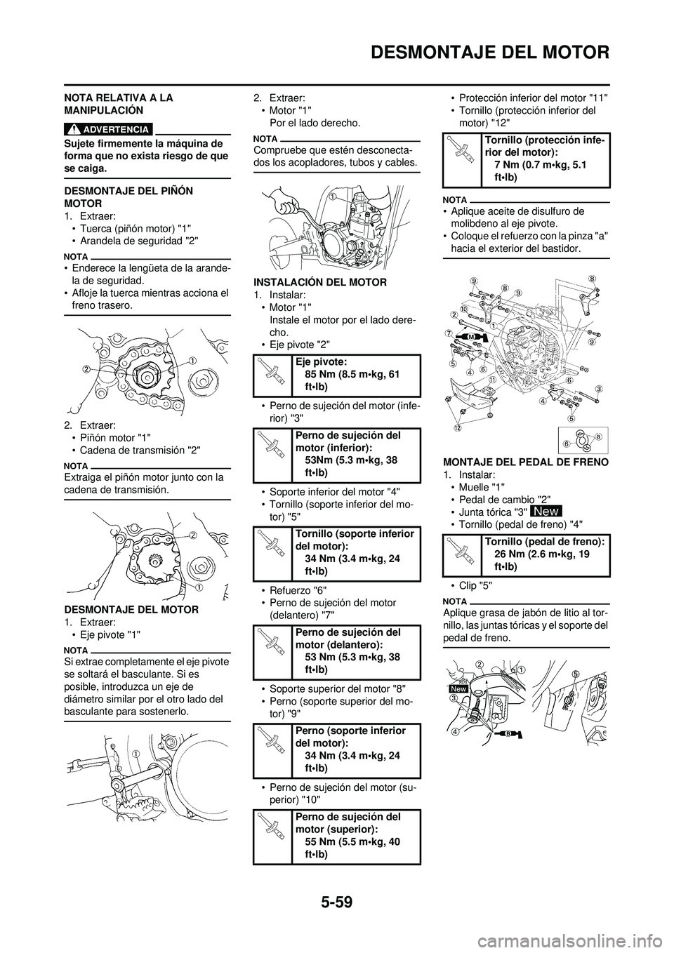 YAMAHA WR 250F 2009 Manuale de Empleo (in Spanish) 5-59
DESMONTAJE DEL MOTOR
NOTA RELATIVA A LA
MANIPULACIÓN
Sujete firmemente la máquina de
forma que no exista riesgo de que
se caiga.
DESMONTAJE DEL PIÑÓN
MOTOR
1. Extraer:• Tuerca (piñón YAMAHA WR 250F 2009 Manuale de Empleo (in Spanish) 5-59
DESMONTAJE DEL MOTOR
NOTA RELATIVA A LA
MANIPULACIÓN
Sujete firmemente la máquina de
forma que no exista riesgo de que
se caiga.
DESMONTAJE DEL PIÑÓN
MOTOR
1. Extraer:• Tuerca (piñón