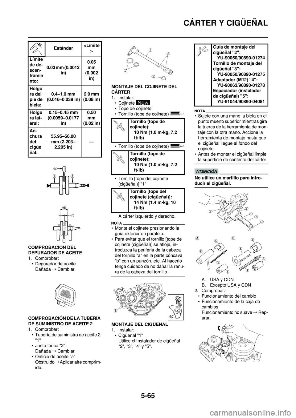 YAMAHA WR 250F 2009  Manuale de Empleo (in Spanish) 5-65
CÁRTER Y CIGÜEÑAL
COMPROBACIÓN DEL 
DEPURADOR DE ACEITE
1. Comprobar:• Depurador de aceiteDañada →Cambiar.
COMPROBACIÓN DE LA TUBERÍA 
DE SUMINISTRO DE ACEITE 2
1. Comprobar: • Tuber
