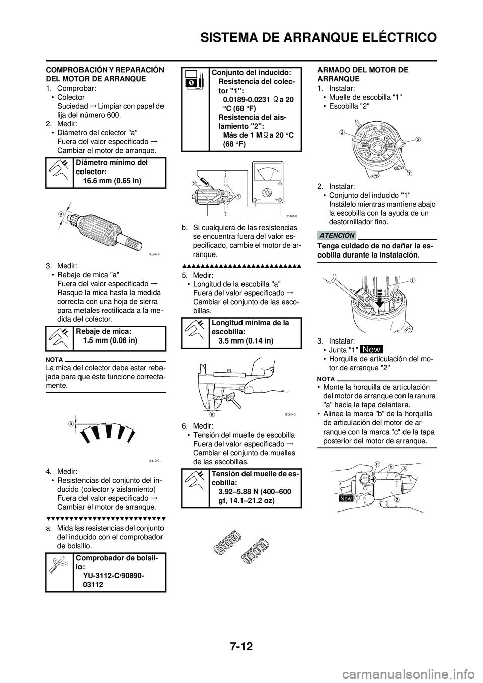 YAMAHA WR 250F 2009  Manuale de Empleo (in Spanish) 7-12
SISTEMA DE ARRANQUE ELÉCTRICO
COMPROBACIÓN Y REPARACIÓN 
DEL MOTOR DE ARRANQUE
1. Comprobar:•Colector
Suciedad →Limpiar con papel de 
lija del número 600.
2. Medir:
• Diámetro del cole