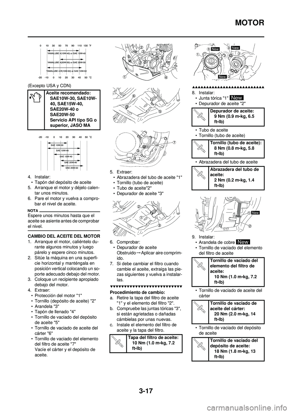 YAMAHA WR 250F 2009 Manuale de Empleo (in Spanish) 3-17
MOTOR
(Excepto USA y CDN)
4. Instalar:• Tapón del depósito de aceite
5. Arranque el motor y déjelo calen-
tar unos minutos.
6. Pare el motor y vuelva a compro- bar el nivel de aceite.
Espere YAMAHA WR 250F 2009 Manuale de Empleo (in Spanish) 3-17
MOTOR
(Excepto USA y CDN)
4. Instalar:• Tapón del depósito de aceite
5. Arranque el motor y déjelo calen-
tar unos minutos.
6. Pare el motor y vuelva a compro- bar el nivel de aceite.
Espere