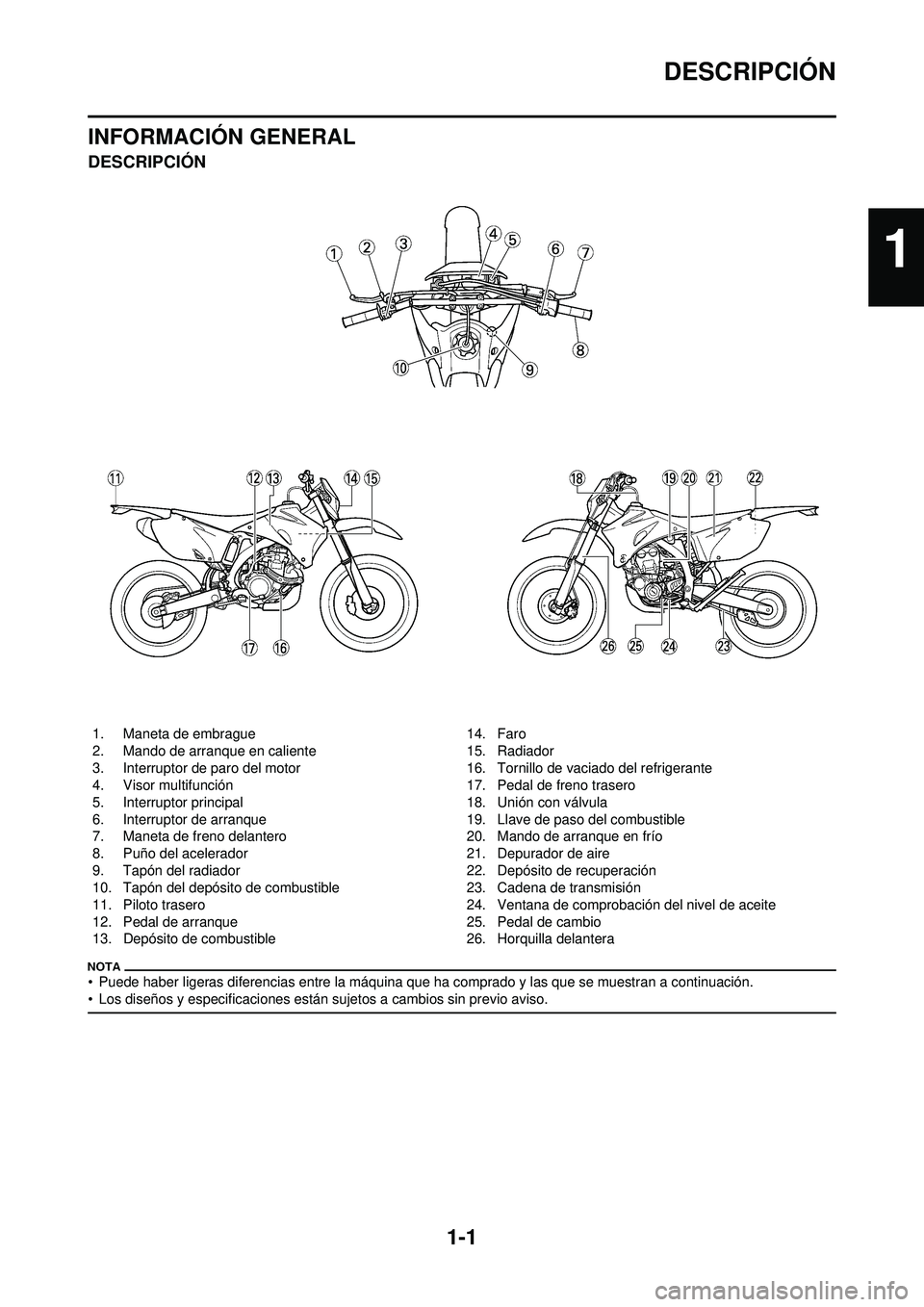 YAMAHA WR 250F 2009  Manuale de Empleo (in Spanish) 1-1
DESCRIPCIÓN
INFORMACIÓN GENERAL
DESCRIPCIÓN
• Puede haber ligeras diferencias entre la máquina que ha comprado y las que se muestran a continuación.
• Los diseños y especificaciones est