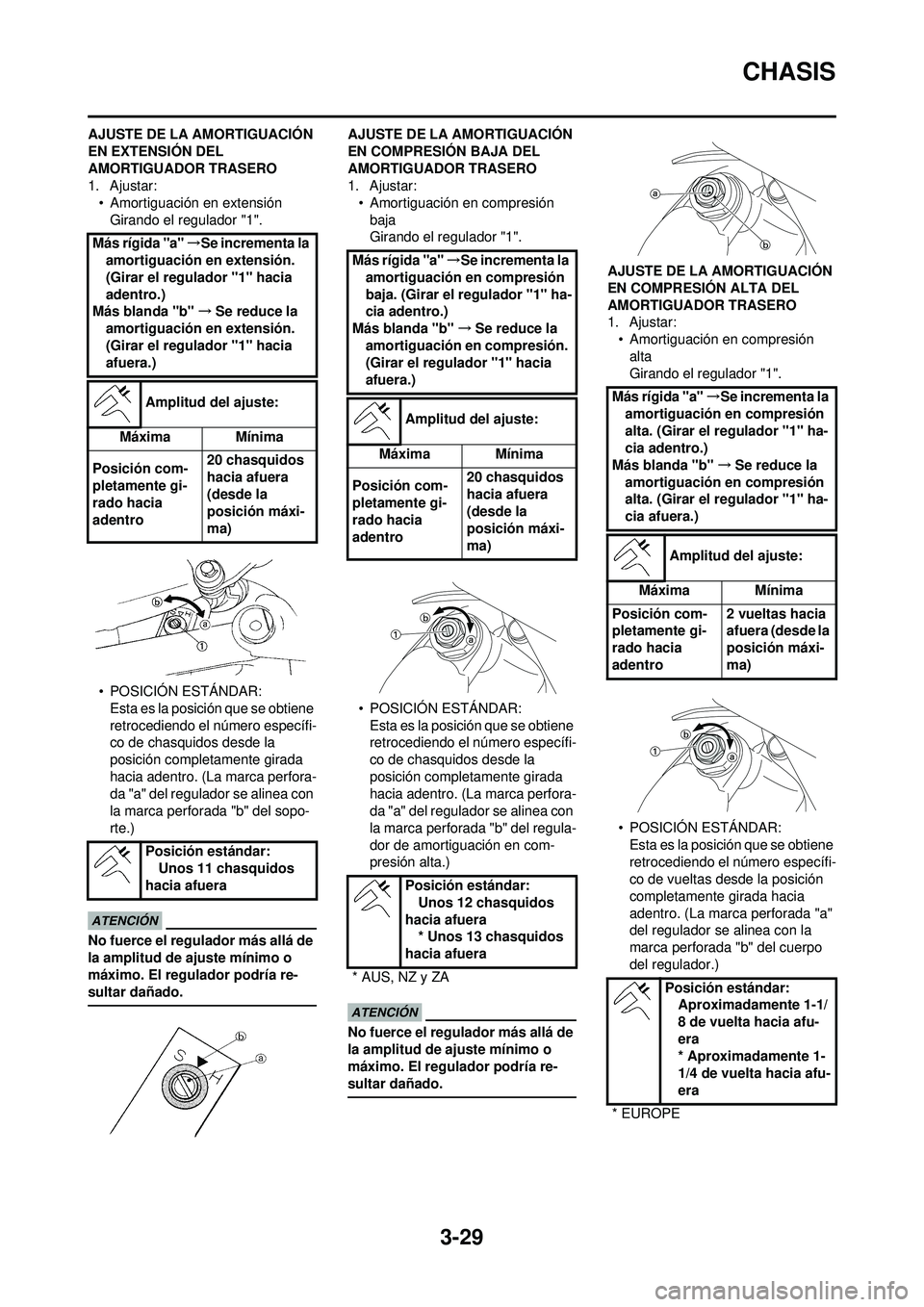 YAMAHA WR 250F 2009 Manuale de Empleo (in Spanish) 3-29
CHASIS
AJUSTE DE LA AMORTIGUACIÓN
EN EXTENSIÓN DEL
AMORTIGUADOR TRASERO
1. Ajustar:• Amortiguación en extensiónGirando el regulador "1".
• POSICIÓN ESTÁNDAR: Esta es la posición que YAMAHA WR 250F 2009 Manuale de Empleo (in Spanish) 3-29
CHASIS
AJUSTE DE LA AMORTIGUACIÓN
EN EXTENSIÓN DEL
AMORTIGUADOR TRASERO
1. Ajustar:• Amortiguación en extensiónGirando el regulador "1".
• POSICIÓN ESTÁNDAR: Esta es la posición que
