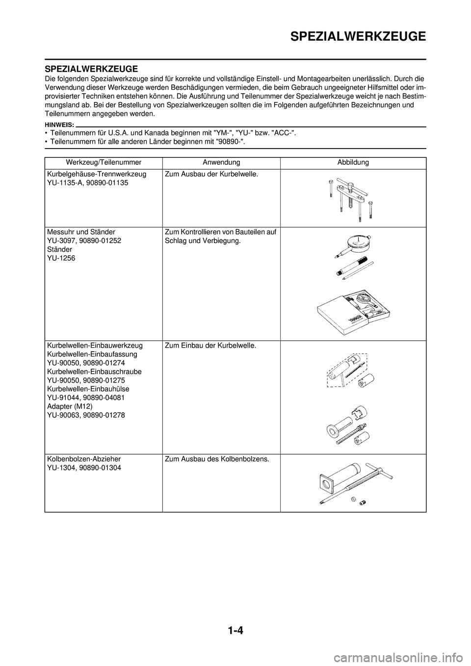 YAMAHA WR 250F 2008  Betriebsanleitungen (in German) 1-4
SPEZIALWERKZEUGE
SPEZIALWERKZEUGE
Die folgenden Spezialwerkzeuge sind für korrekte und vollständige Einstell- und Montagearbeiten unerlässlich. Durch die 
Verwendung dieser Werkzeuge werden Bes