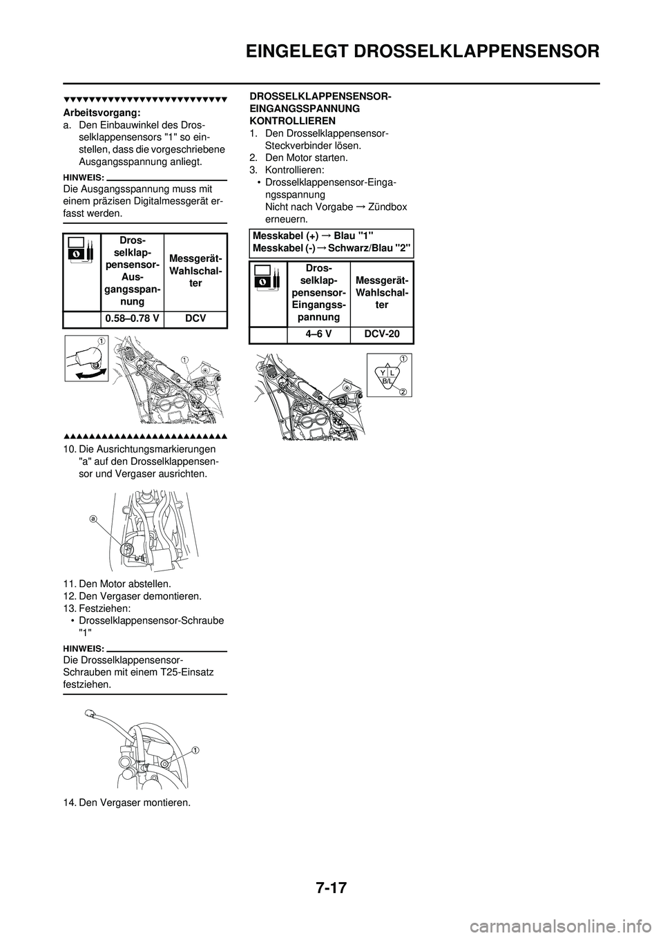 YAMAHA WR 250F 2008  Betriebsanleitungen (in German) 7-17
EINGELEGT DROSSELKLAPPENSENSOR
Arbeitsvorgang:
a. Den Einbauwinkel des Dros-selklappensensors "1" so ein-
stellen, dass die vorgeschriebene 
Ausgangsspannung anliegt.
Die Ausgangsspannung muss mi