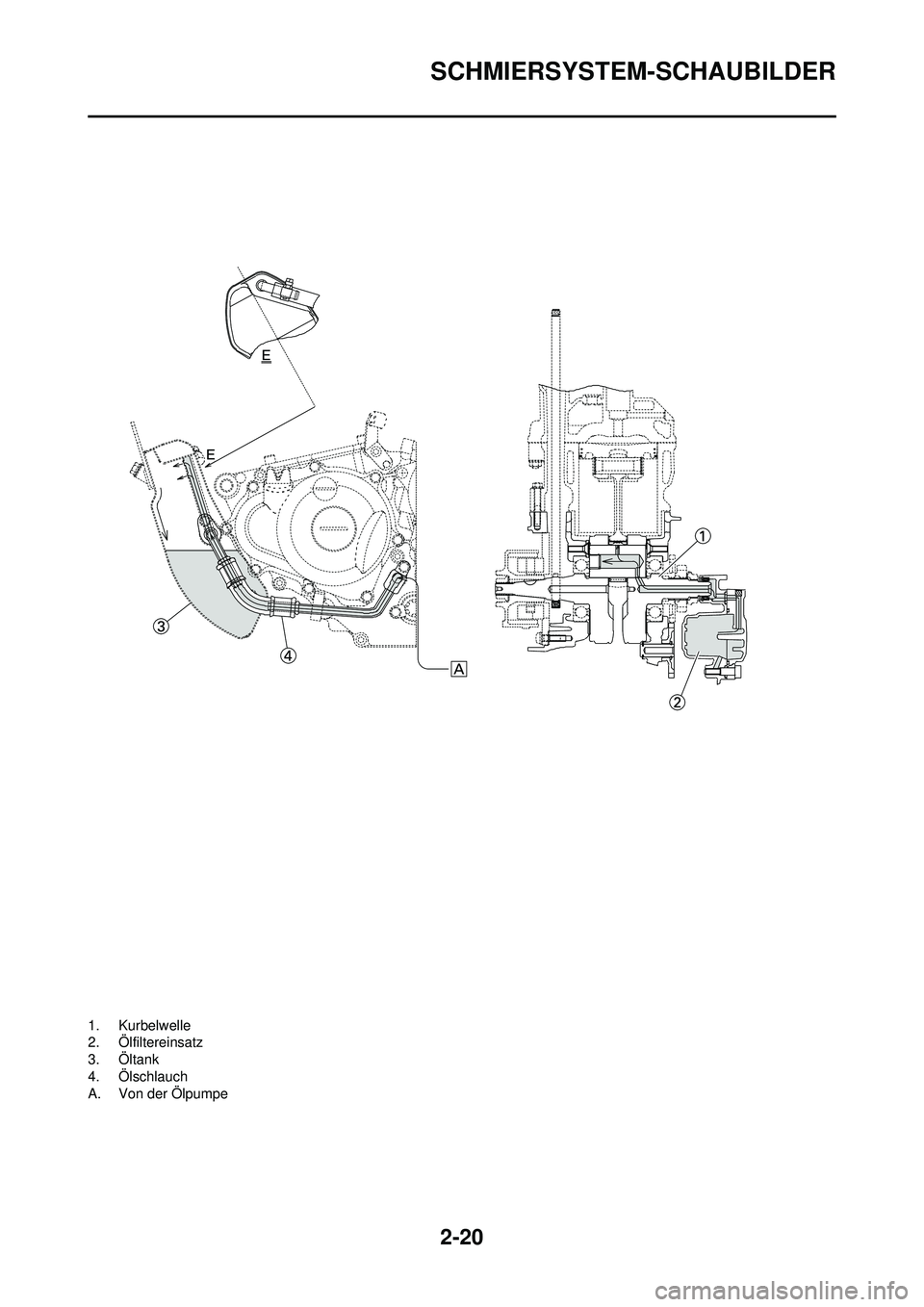 YAMAHA WR 250F 2008  Betriebsanleitungen (in German) 2-20
SCHMIERSYSTEM-SCHAUBILDER
1. Kurbelwelle
2. Ölfiltereinsatz
3. Öltank
4. Ölschlauch
A. Von der Ölpumpe 