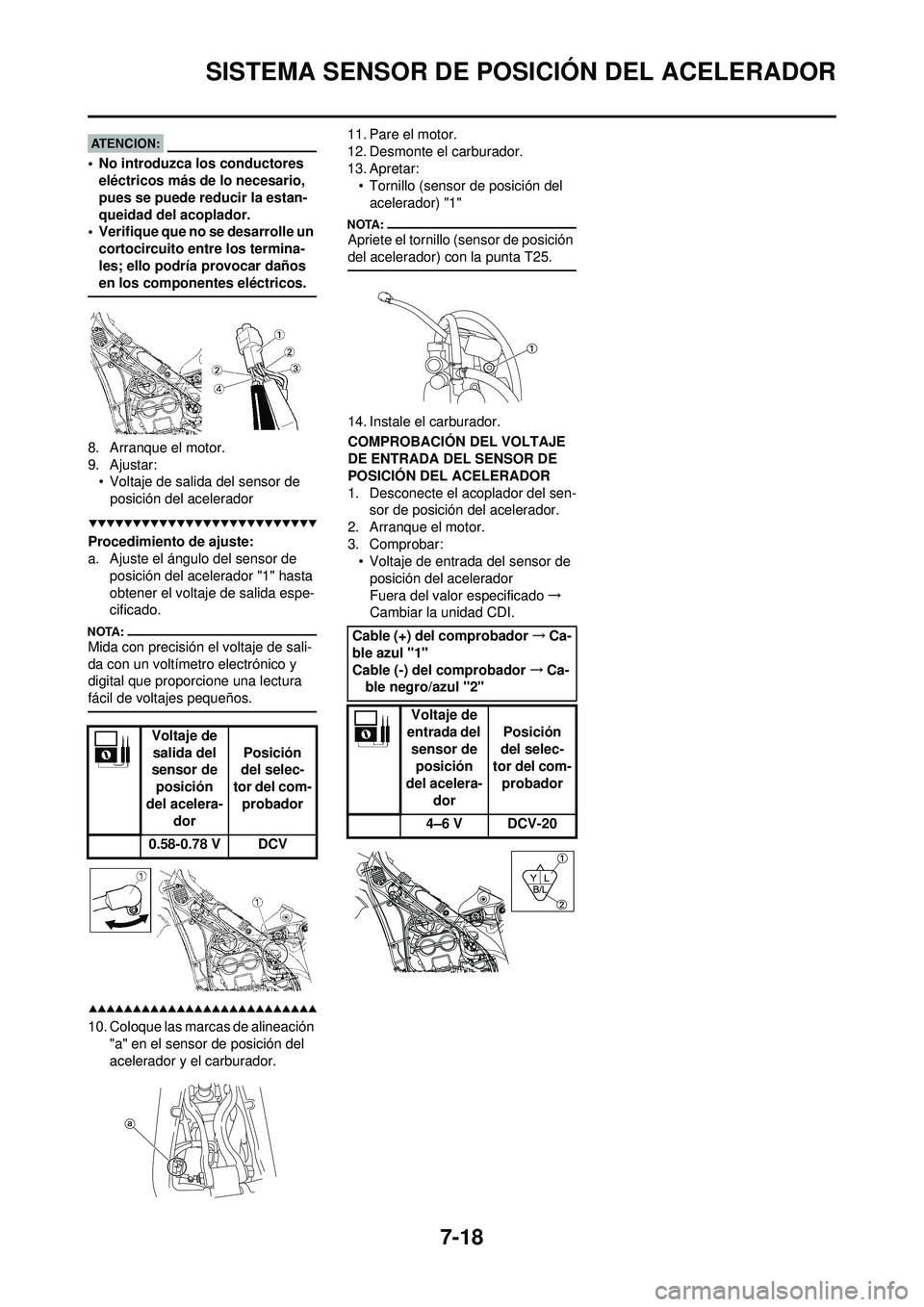 YAMAHA WR 250F 2008  Manuale de Empleo (in Spanish) 7-18
SISTEMA SENSOR DE POSICIÓN DEL ACELERADOR
• No introduzca los conductores eléctricos más de lo necesario, 
pues se puede reducir la estan-
queidad del acoplador.
• Verifique que no se desa
