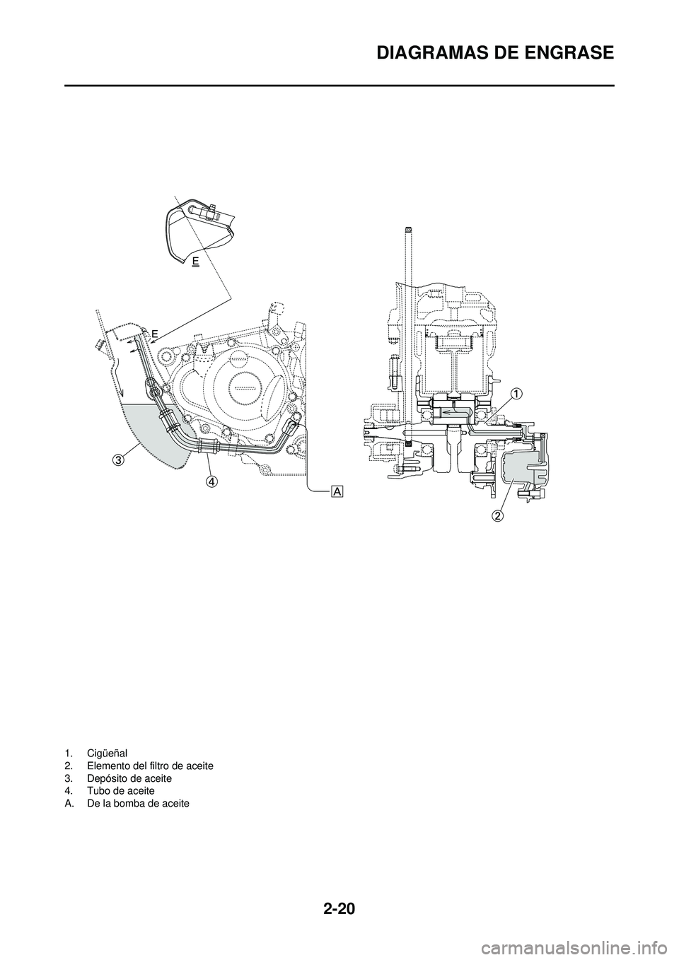 YAMAHA WR 250F 2008  Manuale de Empleo (in Spanish) 2-20
DIAGRAMAS DE ENGRASE
1. Cigüeñal
2. Elemento del filtro de aceite
3. Depósito de aceite
4. Tubo de aceite
A. De la bomba de aceite 