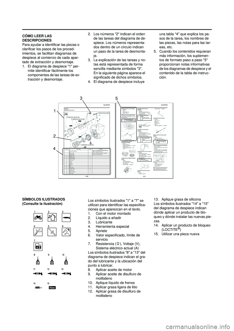 YAMAHA WR 250F 2008  Manuale de Empleo (in Spanish) CÓMO LEER LAS 
DESCRIPCIONES
Para ayudar a identificar las piezas o 
clarificar los pasos de los proced-
imientos, se facilitan diagramas de 
despiece al comienzo de cada apar-
tado de extracción y 