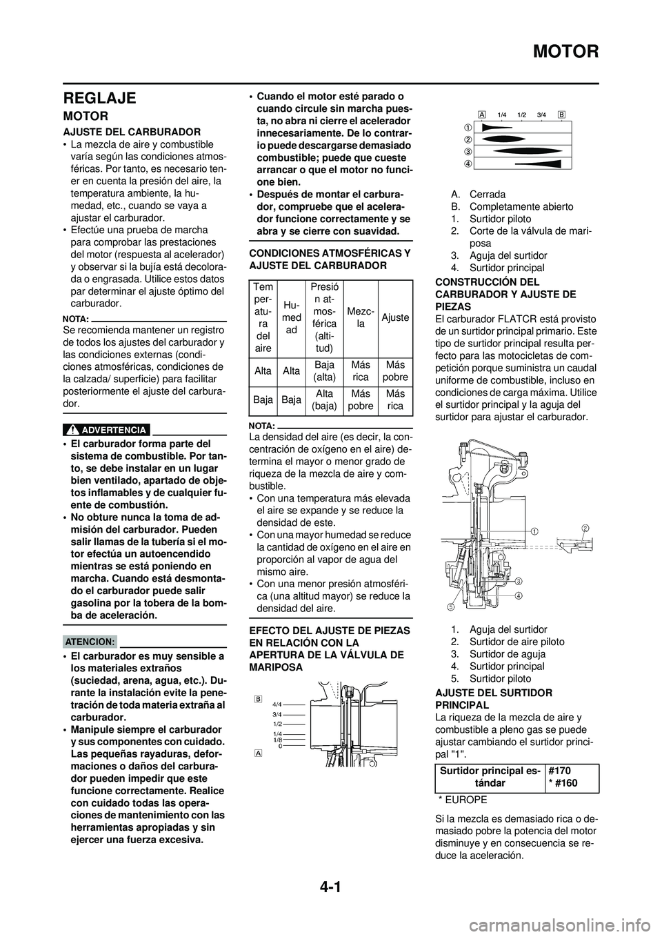 YAMAHA WR 250F 2008  Manuale de Empleo (in Spanish) 4-1
MOTOR
REGLAJE
MOTOR
AJUSTE DEL CARBURADOR
• La mezcla de aire y combustible varía según las condiciones atmos-
féricas. Por tanto, es necesario ten-
er en cuenta la presión del aire, la 
tem