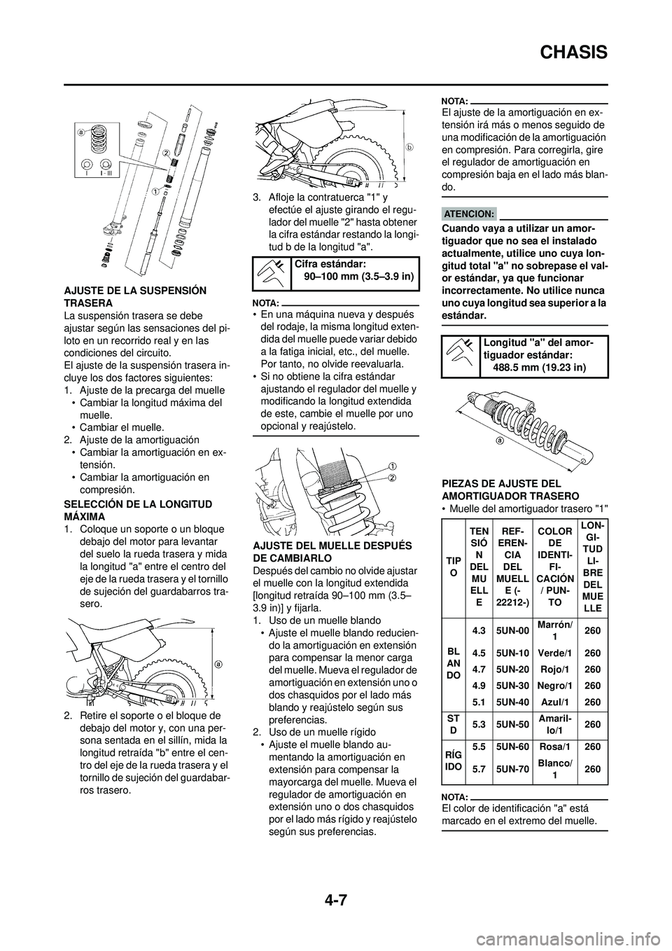 YAMAHA WR 250F 2008  Manuale de Empleo (in Spanish) 4-7
CHASIS
AJUSTE DE LA SUSPENSIÓN 
TRASERA
La suspensión trasera se debe 
ajustar según las sensaciones del pi-
loto en un recorrido real y en las 
condiciones del circuito.
El ajuste de la suspen