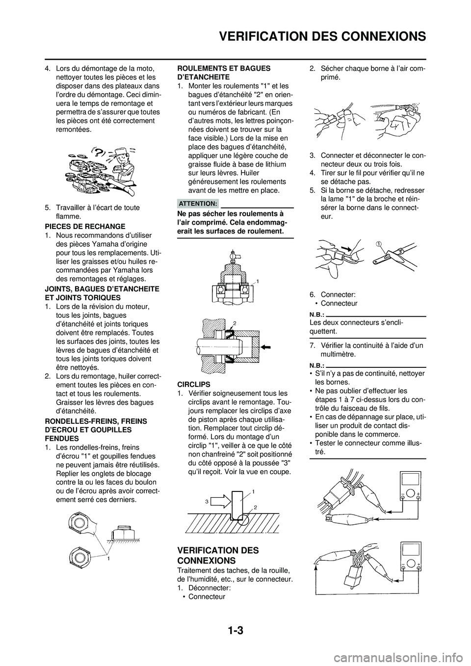 YAMAHA WR 250F 2008  Notices Demploi (in French) 1-3
VERIFICATION DES CONNEXIONS
4. Lors du démontage de la moto, nettoyer toutes les pièces et les 
disposer dans des plateaux dans 
l’ordre du démontage. Ceci dimin-
uera le temps de remontage e
