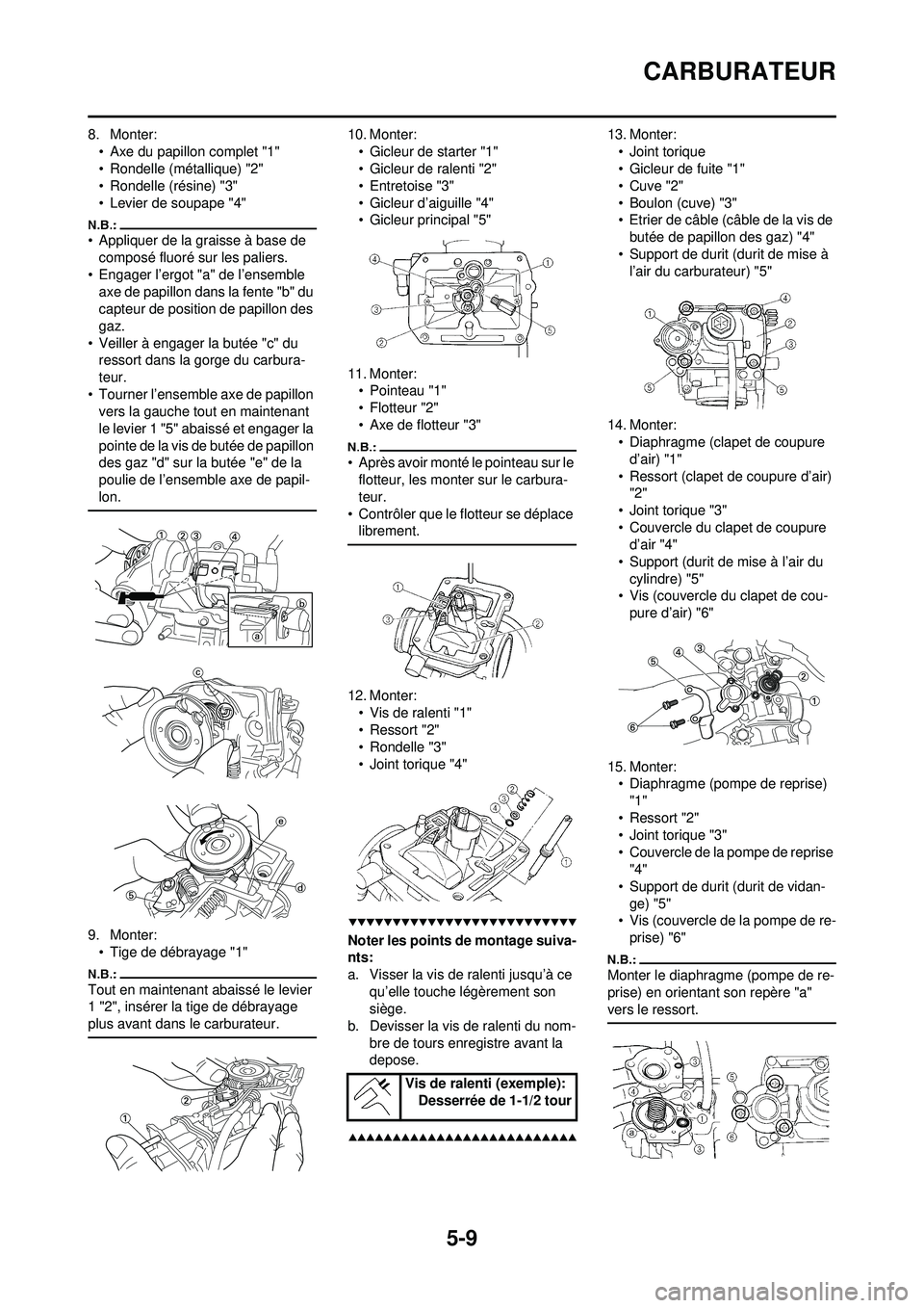 YAMAHA WR 250F 2008  Notices Demploi (in French) 5-9
CARBURATEUR
8. Monter:• Axe du papillon complet "1"
• Rondelle (métallique) "2"
• Rondelle (résine) "3"
• Levier de soupape "4"
• Appliquer de la graisse à base de composé fluoré su