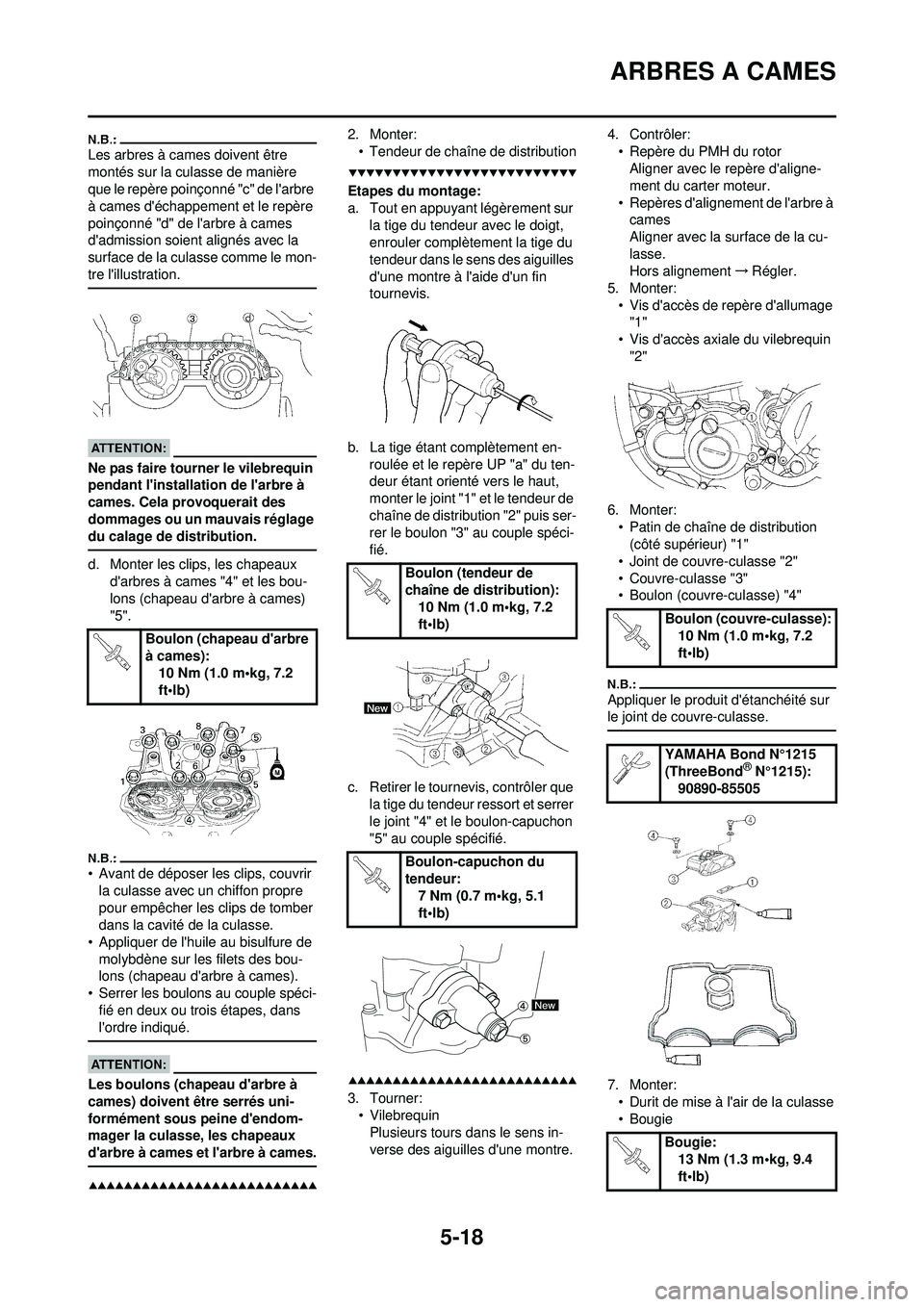 YAMAHA WR 250F 2008  Notices Demploi (in French) 5-18
ARBRES A CAMES
Les arbres à cames doivent être 
montés sur la culasse de manière 
que le repère poinçonné "c" de larbre 
à cames déchappement et le repère 
poinçonné "d" de larbre 