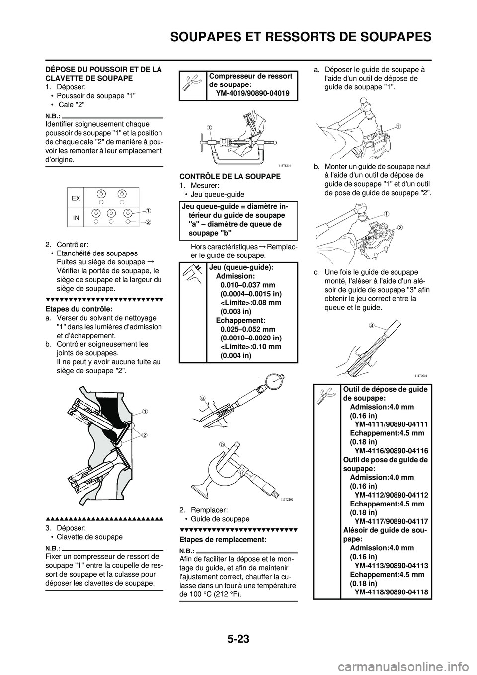 YAMAHA WR 250F 2008  Notices Demploi (in French) 5-23
SOUPAPES ET RESSORTS DE SOUPAPES
DÉPOSE DU POUSSOIR ET DE LA 
CLAVETTE DE SOUPAPE
1. Déposer:• Poussoir de soupape "1"
•  Cale "2"
Identifier soigneusement chaque 
poussoir de soupape "1" e
