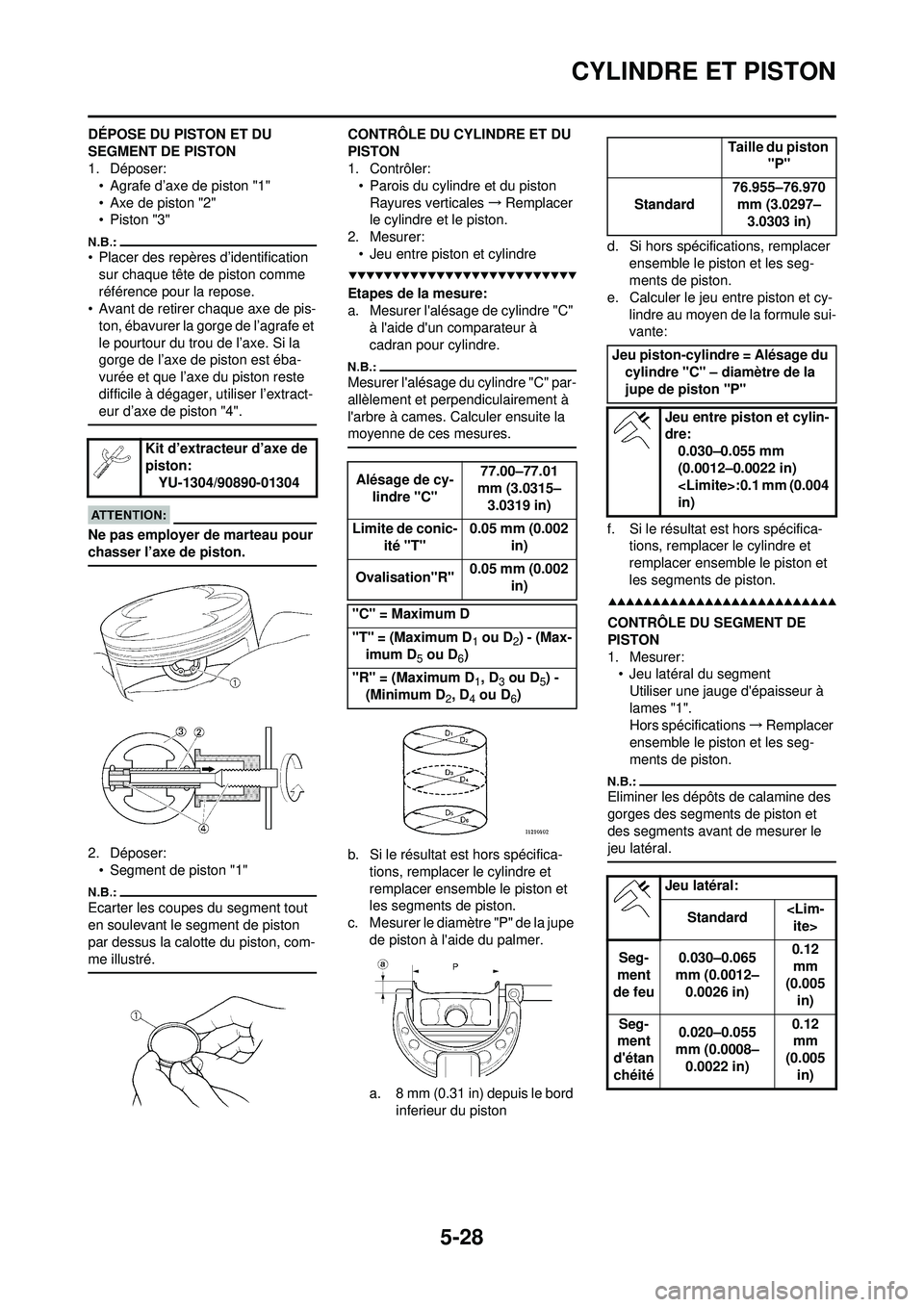 YAMAHA WR 250F 2008  Notices Demploi (in French) 5-28
CYLINDRE ET PISTON
DÉPOSE DU PISTON ET DU 
SEGMENT DE PISTON
1. Déposer:• Agrafe d’axe de piston "1"
• Axe de piston "2"
• Piston "3"
• Placer des repères d’identification sur chaq
