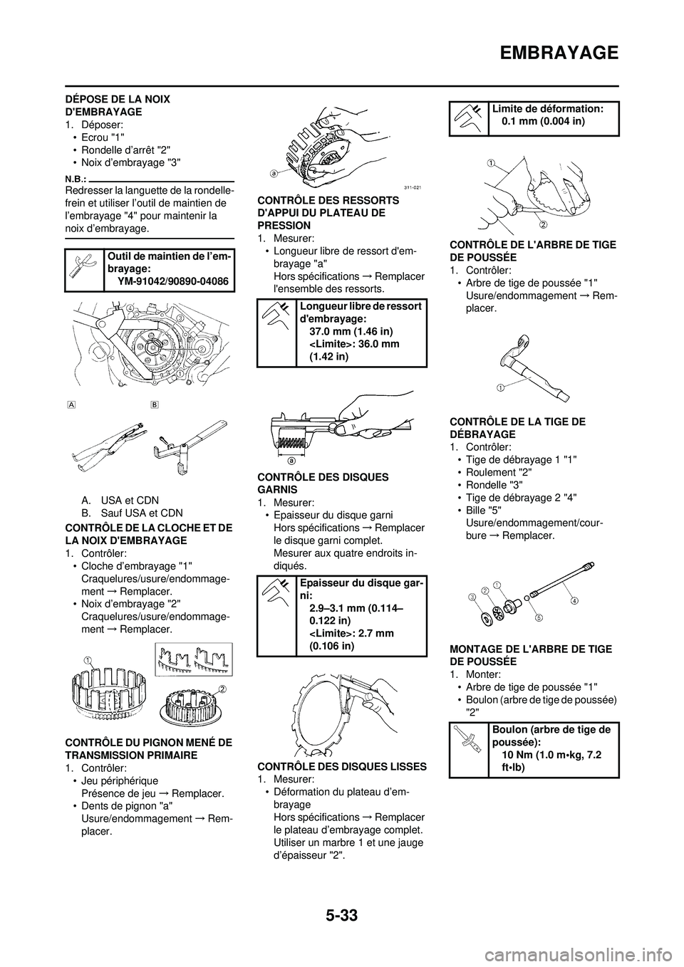 YAMAHA WR 250F 2008  Notices Demploi (in French) 5-33
EMBRAYAGE
DÉPOSE DE LA NOIX 
DEMBRAYAGE
1. Déposer:• Ecrou "1"
• Rondelle d’arrêt "2"
• Noix d’embrayage "3"
Redresser la languette de la rondelle-
frein et utiliser l’outil de ma