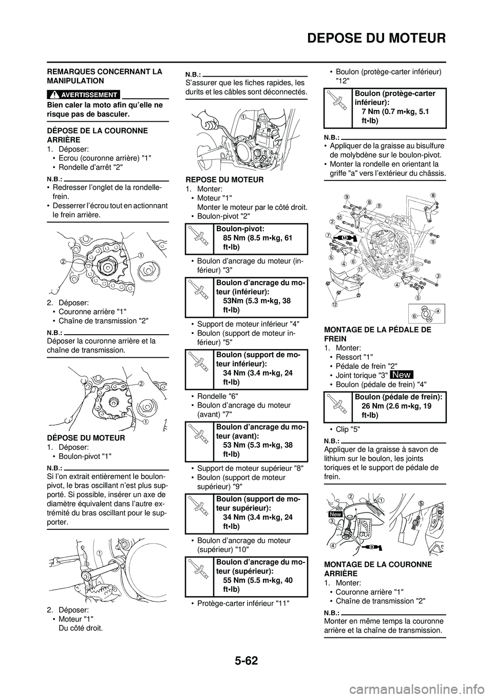 YAMAHA WR 250F 2008  Notices Demploi (in French) 5-62
DEPOSE DU MOTEUR
REMARQUES CONCERNANT LA 
MANIPULATION
Bien caler la moto afin qu’elle ne 
risque pas de basculer.
DÉPOSE DE LA COURONNE 
ARRIÈRE
1. Déposer:• Ecrou (couronne arrière) "1"