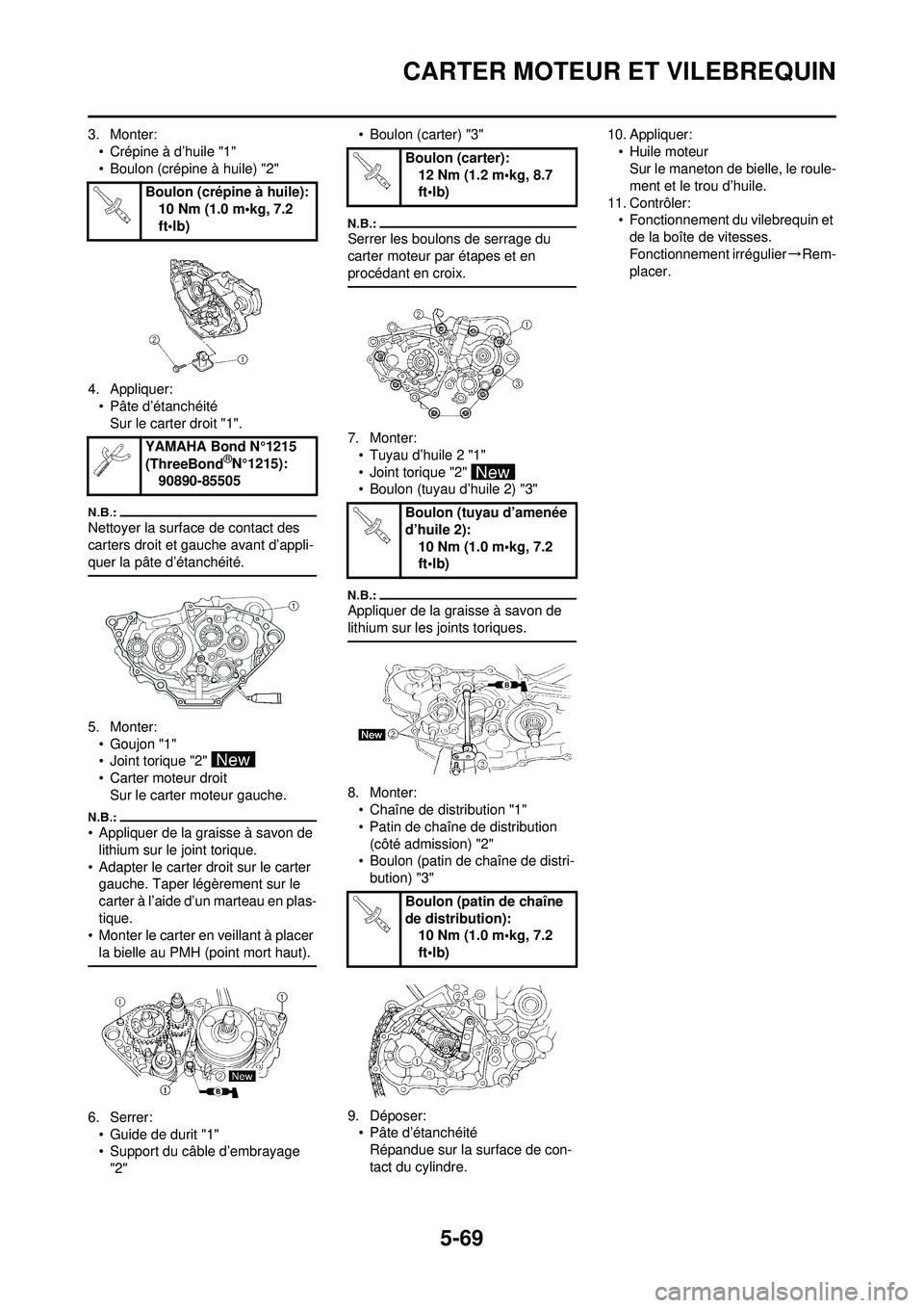 YAMAHA WR 250F 2008  Notices Demploi (in French) 5-69
CARTER MOTEUR ET VILEBREQUIN
3. Monter:• Crépine à d’huile "1"
• Boulon (crépine à huile) "2"
4. Appliquer: • Pâte d’étanchéitéSur le carter droit "1".
Nettoyer la surface de co