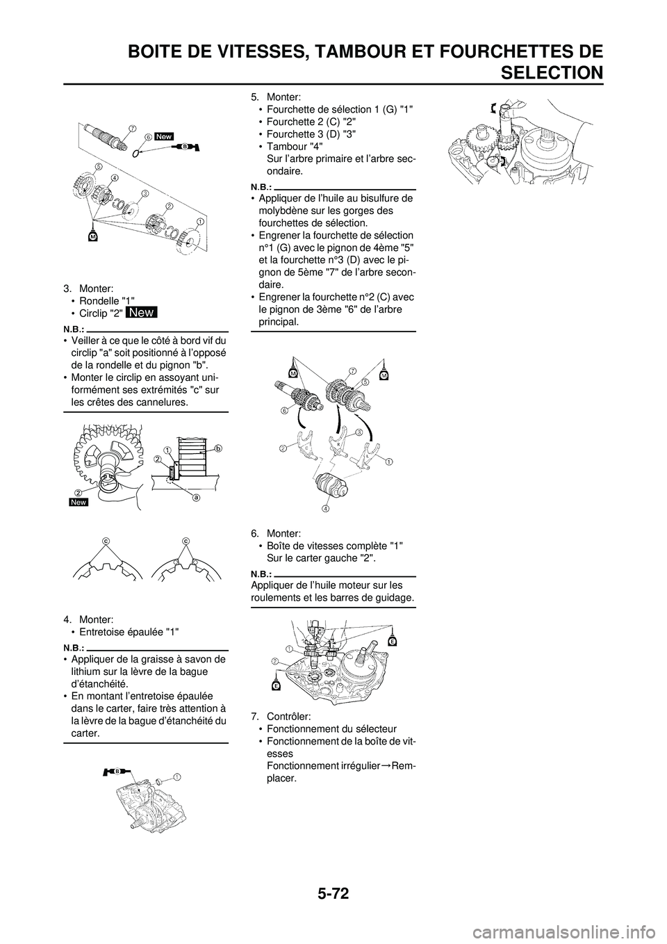 YAMAHA WR 250F 2008  Notices Demploi (in French) 5-72
BOITE DE VITESSES, TAMBOUR ET FOURCHETTES DESELECTION
3. Monter:
• Rondelle "1"
• Circlip "2" 
• Veiller à ce que le côté à bord vif du circlip "a" soit positionné à l’opposé 
de l