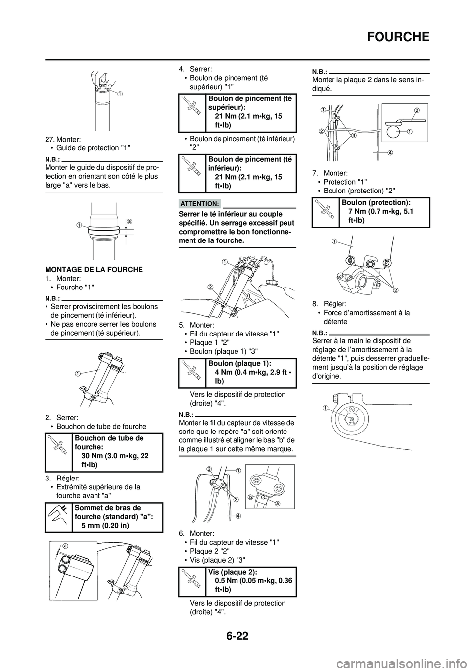 YAMAHA WR 250F 2008  Notices Demploi (in French) 6-22
FOURCHE
27. Monter:• Guide de protection "1" 
Monter le guide du dispositif de pro-
tection en orientant son côté le plus 
large "a" vers le bas.
MONTAGE DE LA FOURCHE
1. Monter:• Fourche "