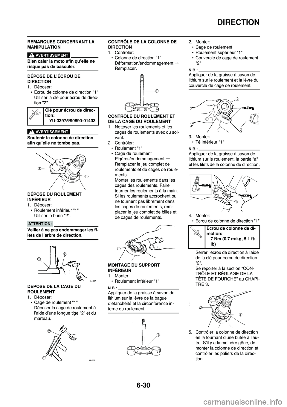 YAMAHA WR 250F 2008  Notices Demploi (in French) 6-30
DIRECTION
REMARQUES CONCERNANT LA 
MANIPULATION
Bien caler la moto afin qu’elle ne 
risque pas de basculer.
DÉPOSE DE LÉCROU DE 
DIRECTION
1. Déposer:• Ecrou de colonne de direction "1"
U