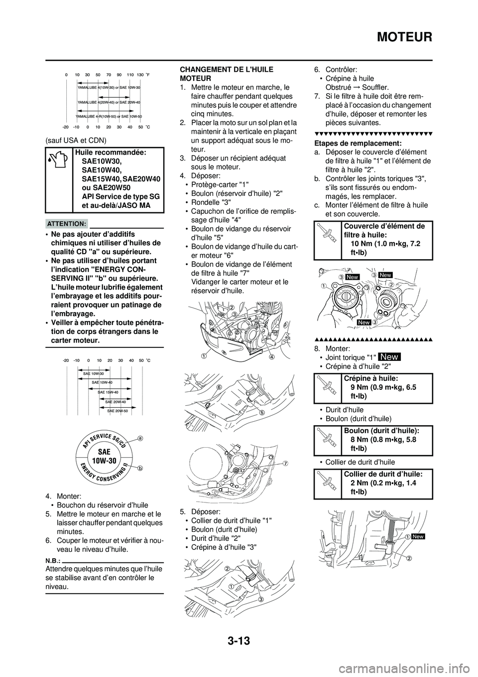 YAMAHA WR 250F 2008  Notices Demploi (in French) 3-13
MOTEUR
(sauf USA et CDN)
• Ne pas ajouter d’additifs chimiques ni utiliser d’huiles de 
qualité CD "a" ou supérieure.
• Ne pas utiliser d’huiles portant  l’indication "ENERGY CON-
S