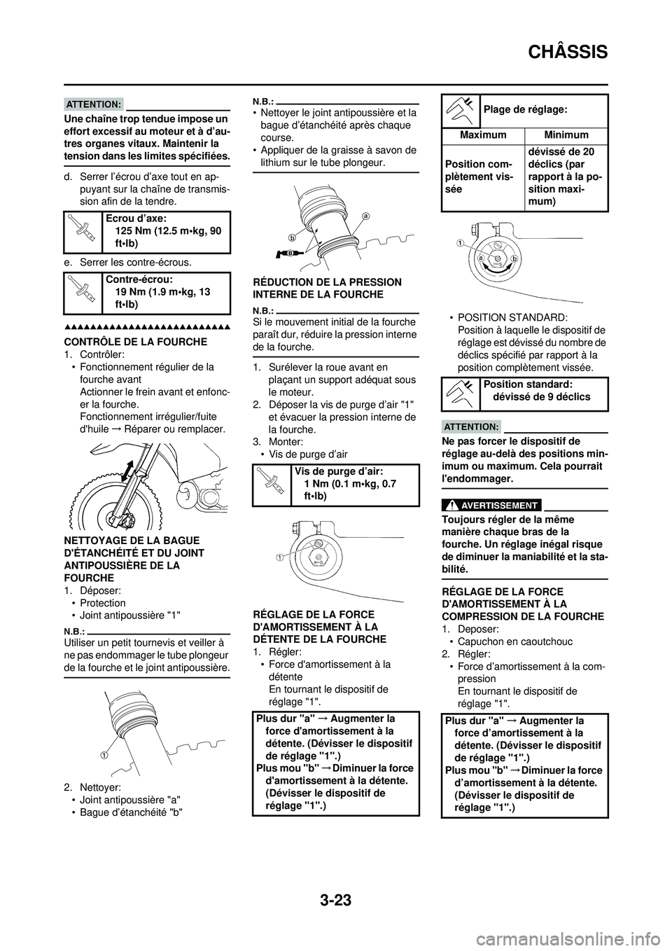 YAMAHA WR 250F 2008  Notices Demploi (in French) 3-23
CHÂSSIS
Une chaîne trop tendue impose un 
effort excessif au moteur et à d’au-
tres organes vitaux. Maintenir la 
tension dans les limites spécifiées.
d. Serrer l’écrou d’axe tout en 