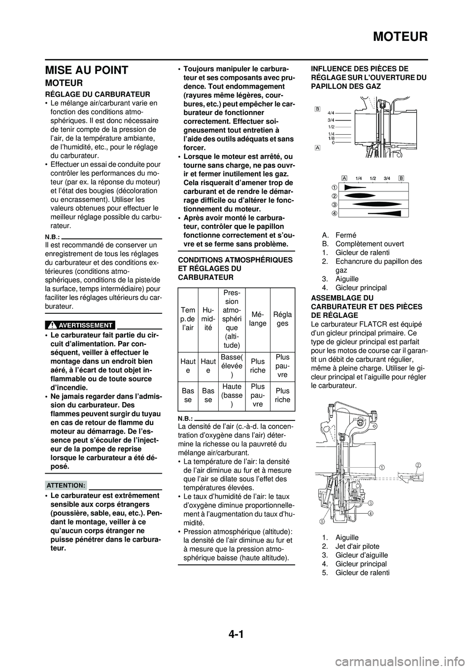 YAMAHA WR 250F 2008  Notices Demploi (in French) 4-1
MOTEUR
MISE AU POINT
MOTEUR
RÉGLAGE DU CARBURATEUR
• Le mélange air/carburant varie en fonction des conditions atmo-
sphériques. Il est donc nécessaire 
de tenir compte de la pression de 
l