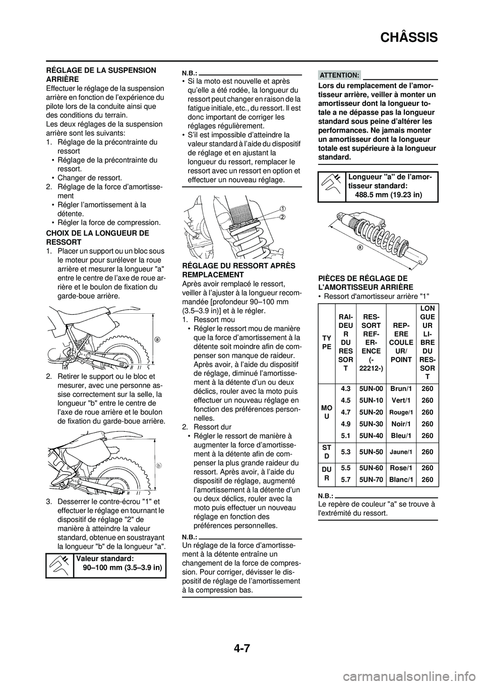 YAMAHA WR 250F 2008  Notices Demploi (in French) 4-7
CHÂSSIS
RÉGLAGE DE LA SUSPENSION 
ARRIÈRE
Effectuer le réglage de la suspension 
arrière en fonction de l’expérience du 
pilote lors de la conduite ainsi que 
des conditions du terrain.
Le