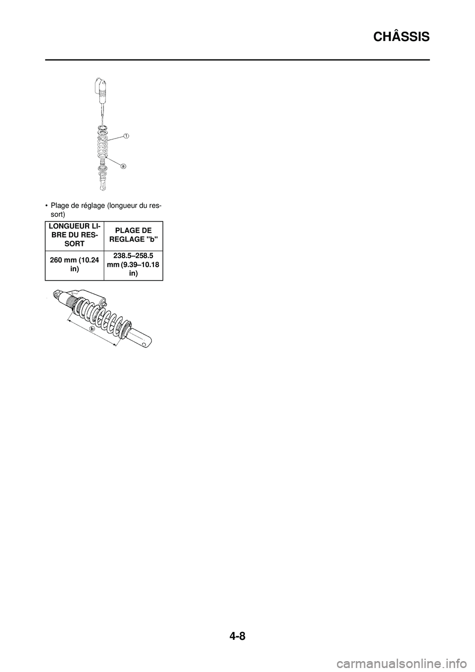 YAMAHA WR 250F 2008  Notices Demploi (in French) 4-8
CHÂSSIS
• Plage de réglage (longueur du res-sort) 
LONGUEUR LI- BRE DU RES- SORT PLAGE DE 
REGLAGE "b"
260 mm (10.24  in) 238.5–258.5 
mm (9.39–10.18  in) 
