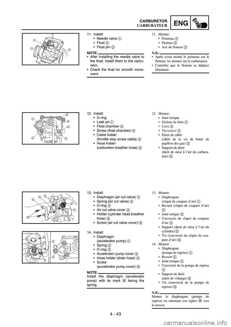 YAMAHA WR 250F 2006 Owners Manual 4 - 43
ENGCARBURETOR
11. Install:
Needle valve
1
Float
2
Float pin
3
NOTE:After installing the needle valve to
the float, install them to the carbu-
retor.
Check the float for smooth move-
YAMAHA WR 250F 2006 Owners Manual 4 - 43
ENGCARBURETOR
11. Install:
Needle valve
1
Float
2
Float pin
3
NOTE:After installing the needle valve to
the float, install them to the carbu-
retor.
Check the float for smooth move-