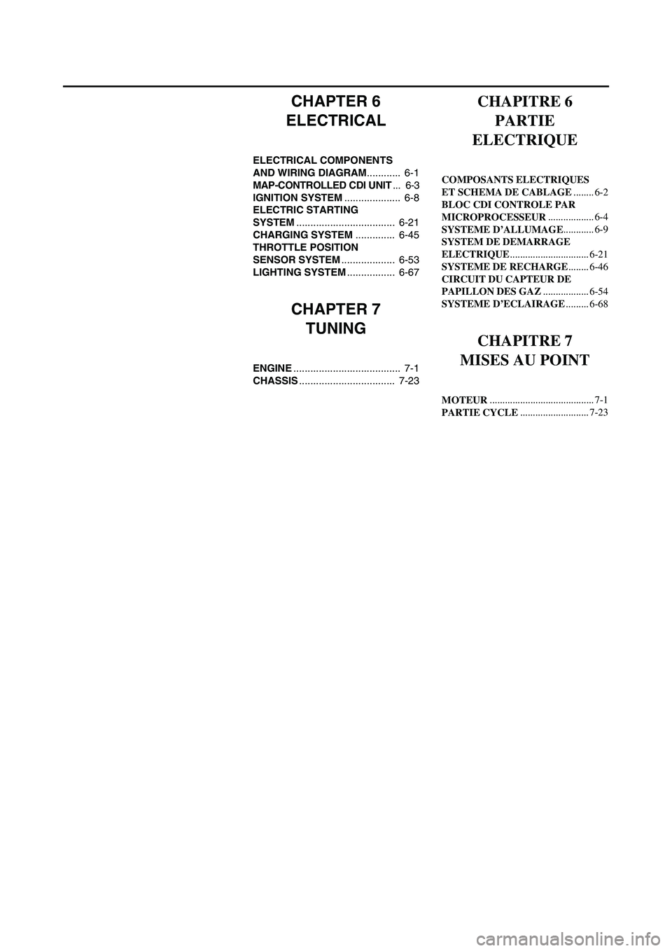 YAMAHA WR 250F 2004  Owners Manual CHAPTER 6
ELECTRICAL
ELECTRICAL COMPONENTS 
AND WIRING DIAGRAM............  6-1
MAP-CONTROLLED CDI UNIT...  6-3
IGNITION SYSTEM....................  6-8
ELECTRIC STARTING 
SYSTEM......................