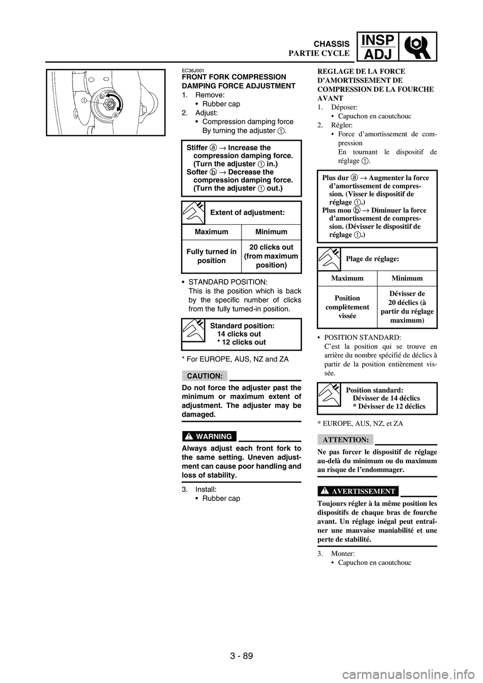 YAMAHA WR 250F 2003 Owners Manual 3 - 89
INSP
ADJ
EC36J001FRONT FORK COMPRESSION
DAMPING FORCE ADJUSTMENT
1. Remove:
Rubber cap
2. Adjust:
Compression damping force
By turning the adjuster
1.
STANDARD POSITION:
This is the positi YAMAHA WR 250F 2003 Owners Manual 3 - 89
INSP
ADJ
EC36J001FRONT FORK COMPRESSION
DAMPING FORCE ADJUSTMENT
1. Remove:
Rubber cap
2. Adjust:
Compression damping force
By turning the adjuster
1.
STANDARD POSITION:
This is the positi