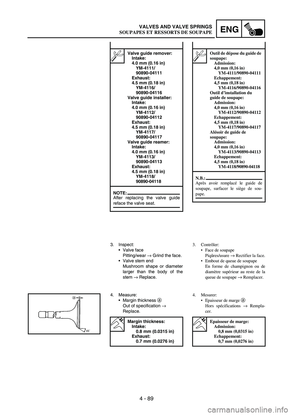 YAMAHA WR 250F 2003 Owners Manual 4 - 89
ENGVALVES AND VALVE SPRINGS
Valve guide remover:
Intake:
4.0 mm (0.16 in)
YM-4111/
90890-04111
Exhaust:
4.5 mm (0.18 in)
YM-4116/
90890-04116
Valve guide installer:
Intake:
4.0 mm (0.16 in)
YAMAHA WR 250F 2003 Owners Manual 4 - 89
ENGVALVES AND VALVE SPRINGS
Valve guide remover:
Intake:
4.0 mm (0.16 in)
YM-4111/
90890-04111
Exhaust:
4.5 mm (0.18 in)
YM-4116/
90890-04116
Valve guide installer:
Intake:
4.0 mm (0.16 in)