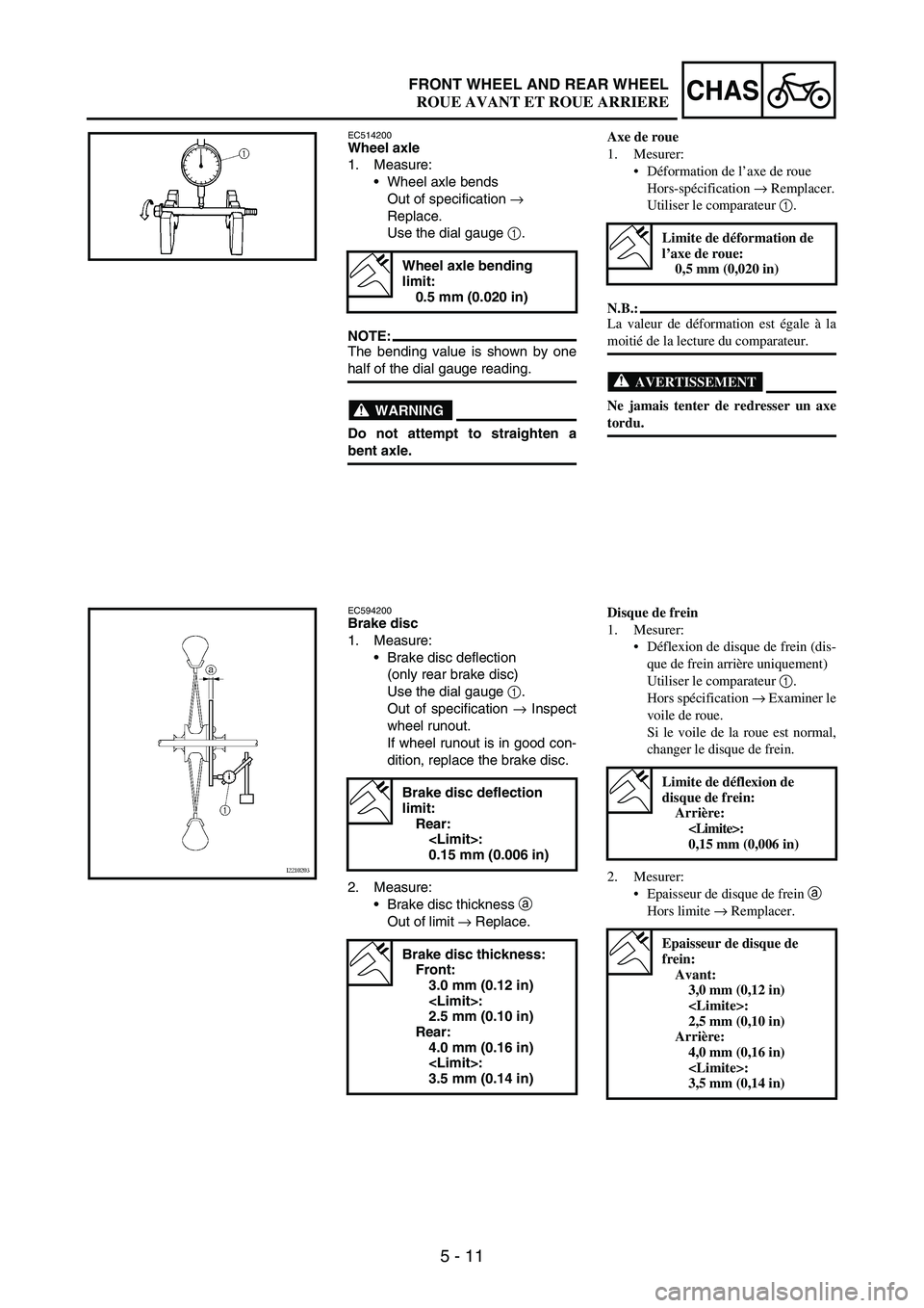 YAMAHA WR 250F 2003 Owners Manual 5 - 11
CHASFRONT WHEEL AND REAR WHEEL
EC514200Wheel axle
1. Measure:
Wheel axle bends
Out of specification
→
Replace.
Use the dial gauge
1.
NOTE:The bending value is shown by one
half of the dia YAMAHA WR 250F 2003 Owners Manual 5 - 11
CHASFRONT WHEEL AND REAR WHEEL
EC514200Wheel axle
1. Measure:
Wheel axle bends
Out of specification
→
Replace.
Use the dial gauge
1.
NOTE:The bending value is shown by one
half of the dia