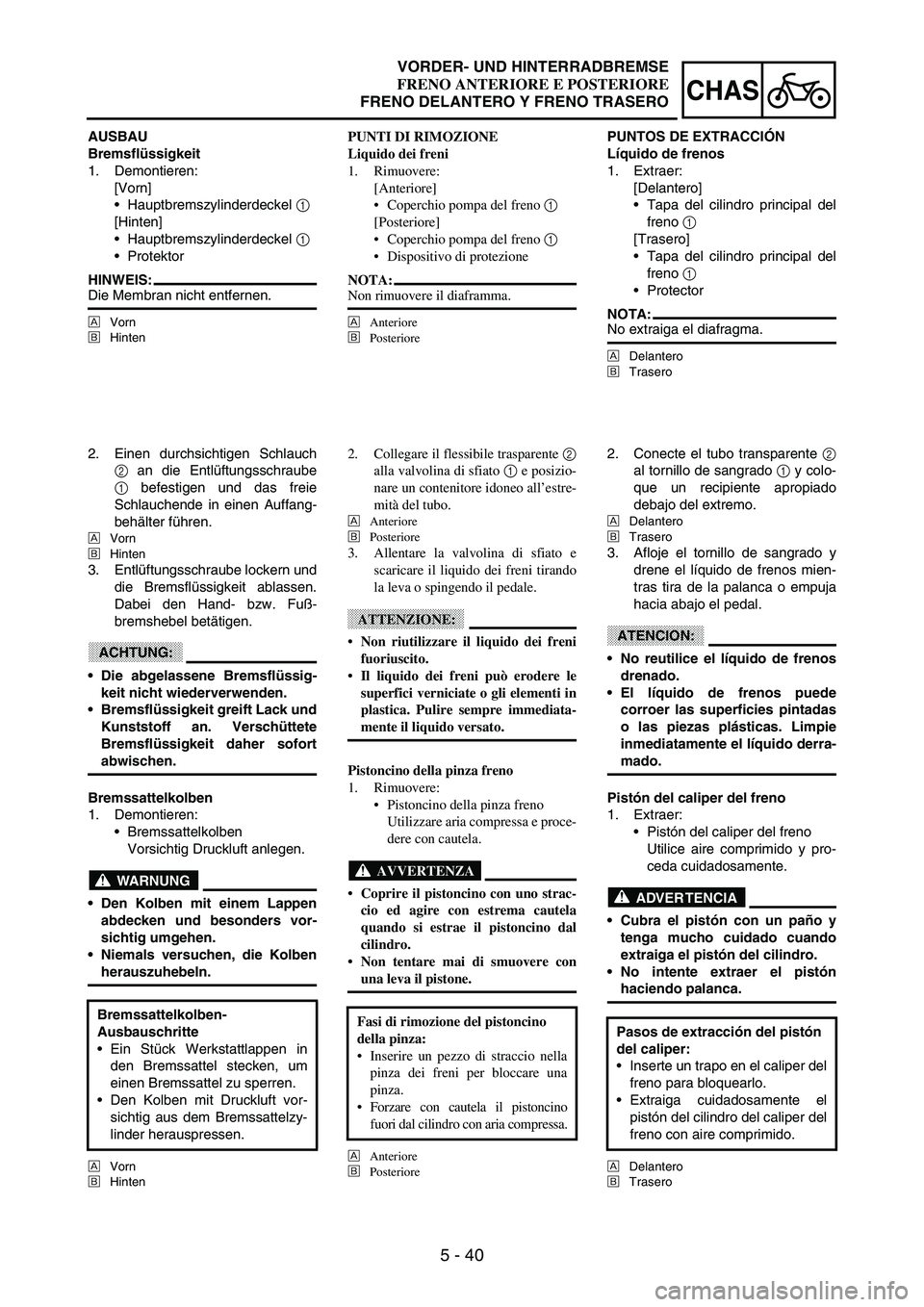 YAMAHA WR 250F 2003  Owners Manual 5 - 40
CHAS
AUSBAU
Bremsflüssigkeit
1. Demontieren:
[Vorn]
Hauptbremszylinderdeckel 
1 
[Hinten]
Hauptbremszylinderdeckel 
1 
Protektor 
HINWEIS:Die Membran nicht entfernen.
ÈVorn
ÉHinten
2. Ein