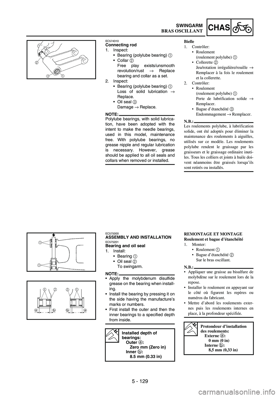 YAMAHA WR 250F 2003  Owners Manual 5 - 129
CHASSWINGARM
EC574310Connecting rod
1. Inspect:
Bearing (polylube bearing) 
1 
Collar 
2 
Free play exists/unsmooth
revolution/rust 
→ Replace
bearing and collar as a set.
2. Inspect:
Bea