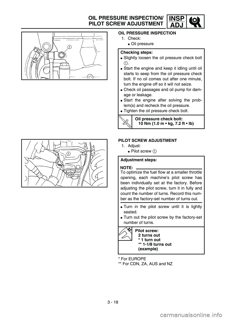 YAMAHA WR 250F 2002  Owners Manual 3 - 18
INSP
ADJ
OIL PRESSURE INSPECTION
1. Check:
Oil pressure
Checking steps:
Slightly loosen the oil pressure check bolt
1.
Start the engine and keep it idling until oil
starts to seep from the o