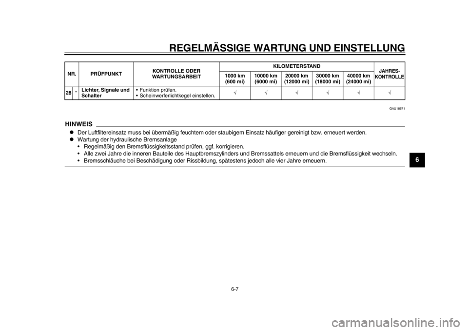YAMAHA WR 250R 2015  Betriebsanleitungen (in German) REGELMÄSSIGE WARTUNG UND EINSTELLUNG
6-7
1
2
3
4
567
8
9
10
11
12
GAU18671
HINWEIS
Der Luftfiltereinsatz muss bei übermäßig feuchtem oder  staubigem Einsatz häufiger gereinigt bzw. erneuert we