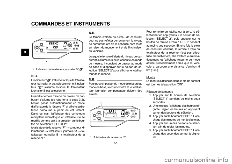YAMAHA WR 250R 2015  Notices Demploi (in French) COMMANDES ET INSTRUMENTS
3-5
1
23
4
5
6
7
8
9
10
11
12
N.B.L’indicateur “ ” s’allume lorsque le totalisa-
teur journalier A est sélectionné, et l’indica-
teur “ ” s’allume lorsque le
