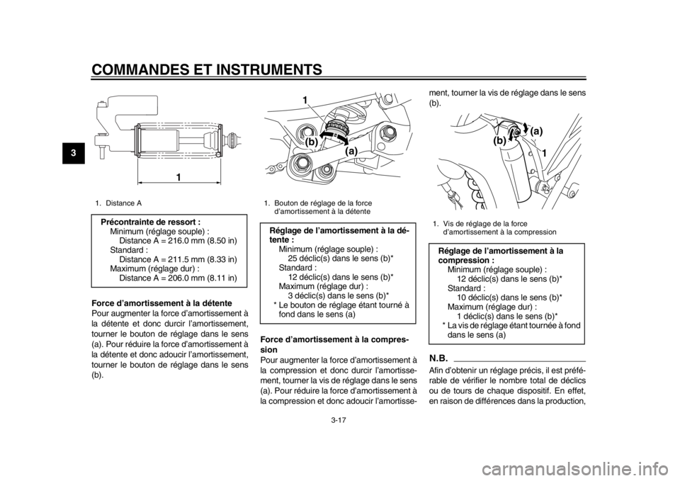 YAMAHA WR 250R 2015 Notices Demploi (in French) COMMANDES ET INSTRUMENTS
3-17
1
23
4
5
6
7
8
9
10
11
12
Force d’amortissement à la détente
Pour augmenter la force d’amortissement à
la détente et donc durcir l’amortissement,
tourner le bou YAMAHA WR 250R 2015 Notices Demploi (in French) COMMANDES ET INSTRUMENTS
3-17
1
23
4
5
6
7
8
9
10
11
12
Force d’amortissement à la détente
Pour augmenter la force d’amortissement à
la détente et donc durcir l’amortissement,
tourner le bou