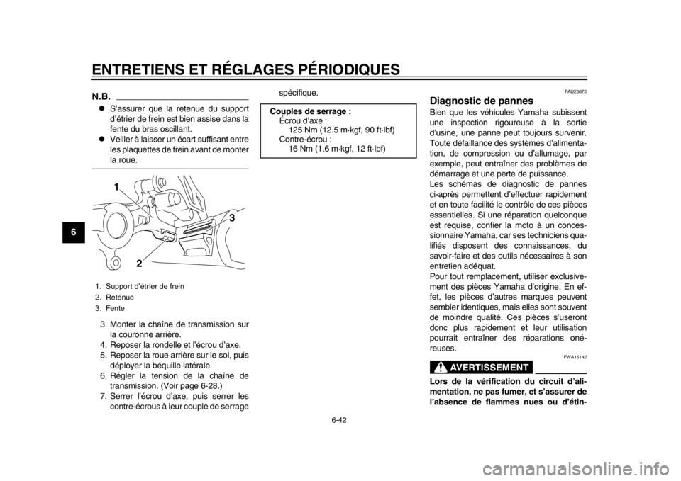YAMAHA WR 250R 2015 Notices Demploi (in French) ENTRETIENS ET RÉGLAGES PÉRIODIQUES
6-42
1
2
3
4
56
7
8
9
10
11
12
N.B.
S’assurer que la retenue du support
d’étrier de frein est bien assise dans la
fente du bras oscillant.
Veiller à l YAMAHA WR 250R 2015 Notices Demploi (in French) ENTRETIENS ET RÉGLAGES PÉRIODIQUES
6-42
1
2
3
4
56
7
8
9
10
11
12
N.B.
S’assurer que la retenue du support
d’étrier de frein est bien assise dans la
fente du bras oscillant.
Veiller à l