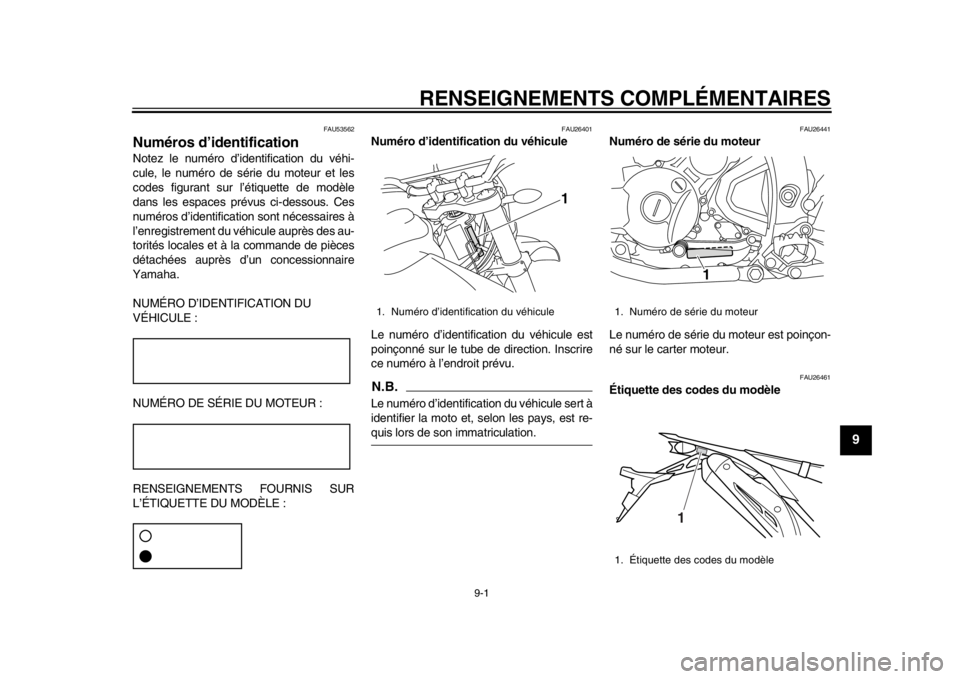 YAMAHA WR 250R 2015 Notices Demploi (in French) 9-1
1
2
3
4
5
6
7
8910
11
12
RENSEIGNEMENTS COMPLÉMENTAIRES
FAU53562
Numéros d’identificationNotez le numéro d’identification du véhi-
cule, le numéro de série du moteur et les
codes figuran YAMAHA WR 250R 2015 Notices Demploi (in French) 9-1
1
2
3
4
5
6
7
8910
11
12
RENSEIGNEMENTS COMPLÉMENTAIRES
FAU53562
Numéros d’identificationNotez le numéro d’identification du véhi-
cule, le numéro de série du moteur et les
codes figuran
