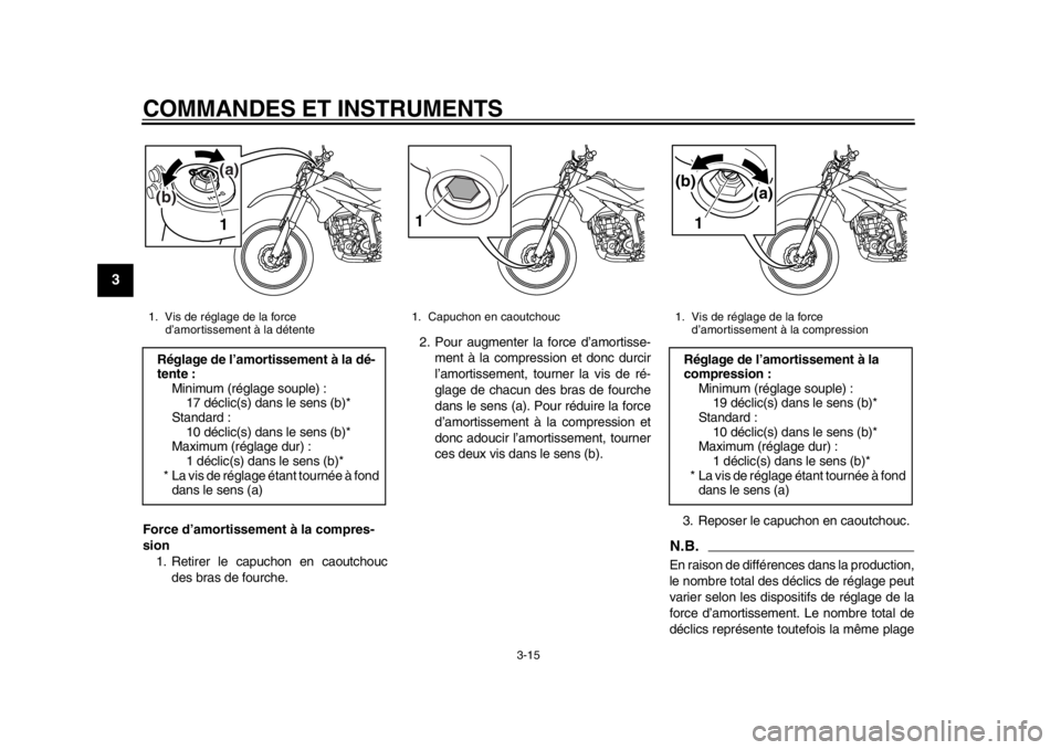 YAMAHA WR 250R 2014  Notices Demploi (in French) COMMANDES ET INSTRUMENTS
3-15
1
23
4
5
6
7
8
9
Force d’amortissement à la compres-
sion1. Retirer le capuchon en caoutchouc
des bras de fourche. 2. Pour augmenter la force d’amortisse-
ment à la
