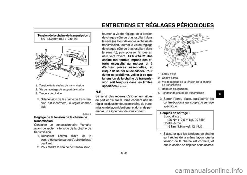 YAMAHA WR 250R 2014  Notices Demploi (in French) ENTRETIENS ET RÉGLAGES PÉRIODIQUES
6-29
2
3
4
567
8
9
5. Si la tension de la chaîne de transmis-sion est incorrecte, la régler comme
suit.
FAU34318
Réglage de la tension de la chaîne de 
transmi