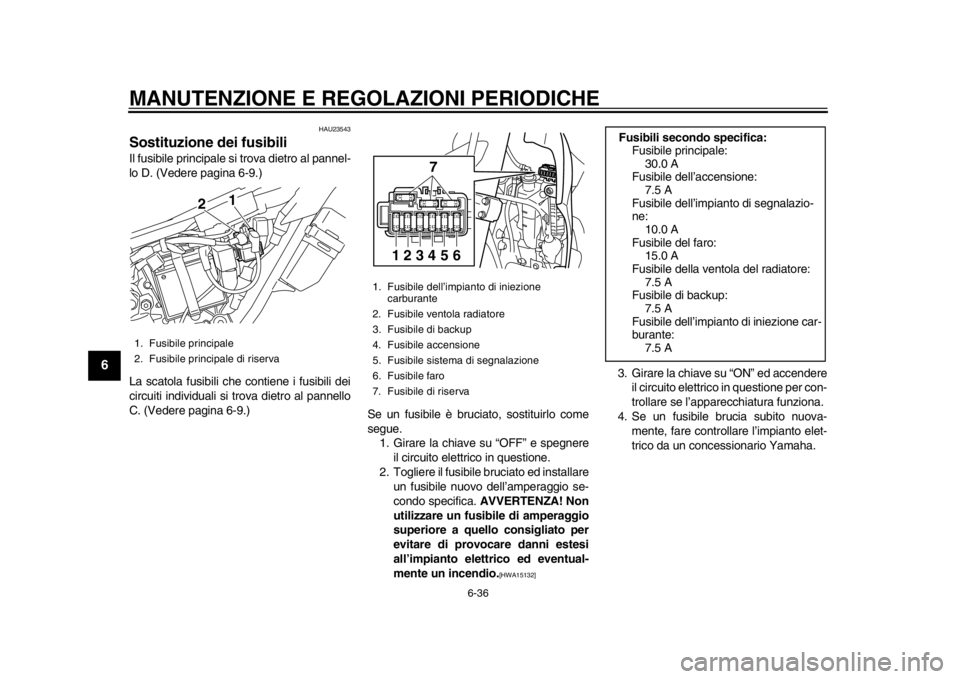 YAMAHA WR 250R 2014 Manuale duso (in Italian) MANUTENZIONE E REGOLAZIONI PERIODICHE
6-36
1
2
3
4
56
7
8
9
HAU23543
Sostituzione dei fusibiliIl fusibile principale si trova dietro al pannel-
lo D. (Vedere pagina 6-9.)
La scatola fusibili che conti YAMAHA WR 250R 2014 Manuale duso (in Italian) MANUTENZIONE E REGOLAZIONI PERIODICHE
6-36
1
2
3
4
56
7
8
9
HAU23543
Sostituzione dei fusibiliIl fusibile principale si trova dietro al pannel-
lo D. (Vedere pagina 6-9.)
La scatola fusibili che conti